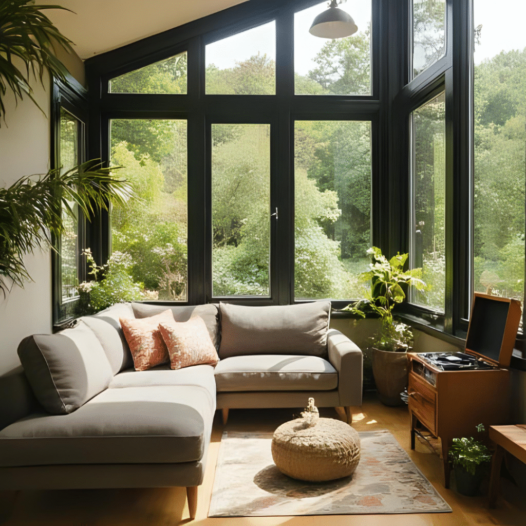 small sunroom furniture grey sofa record player