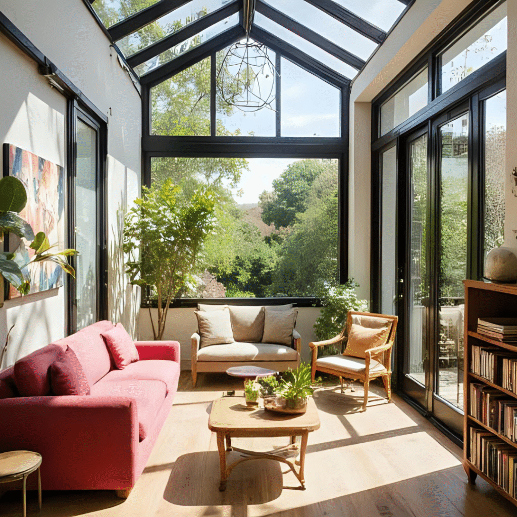 small sunroom furniture idea pink sofa